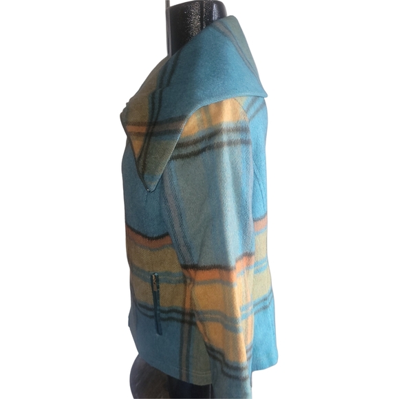 Madison Hill Plaid Blue and Yellow Wide Collar Wool Blend Jacket M - Picture 4 of 6